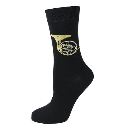 Black Kübler sock stretched to show the French horn pattern, on white