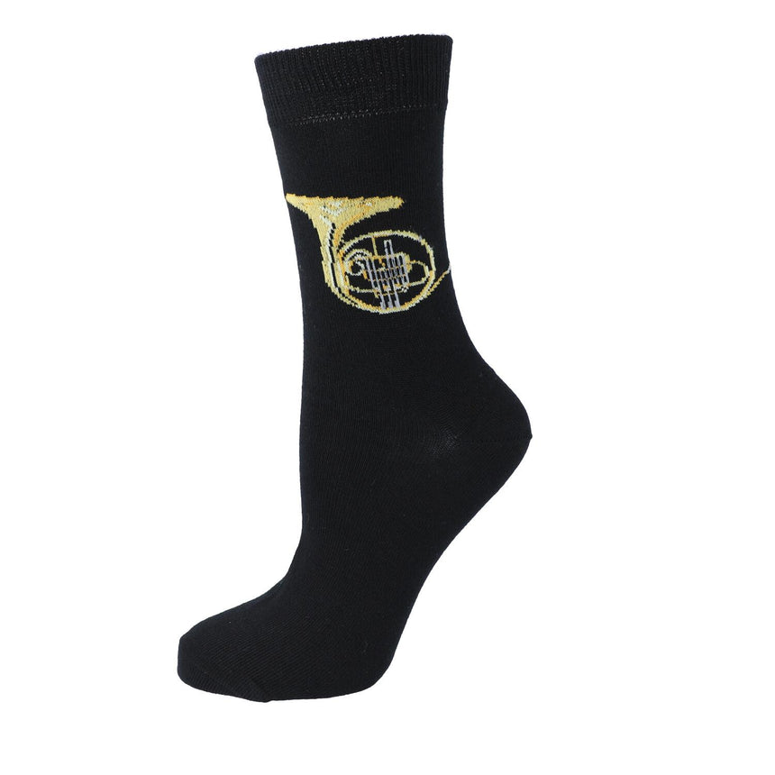 Black Kübler sock stretched to show the French horn pattern, on white