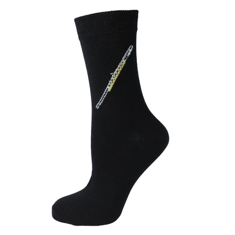 Chaussette Kübler noire tendue, motif flûte traversière, sur fond blanc