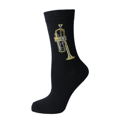 Black Kübler sock stretched to show the trumpet pattern, on white