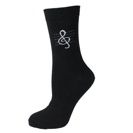 Black Kübler sock stretched to show the treble clef pattern, on white