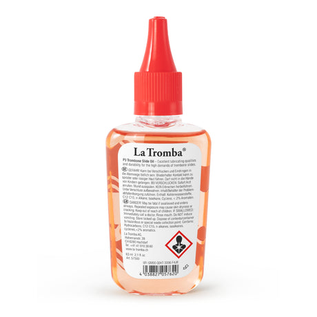 Huile pour coulisse de trombone La Tromba P3, flacon de 63 ml vu de dos.