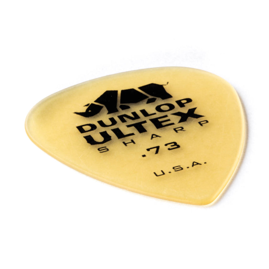 Dunlop Ultex Sharp .73 mm pick, angled front view.
