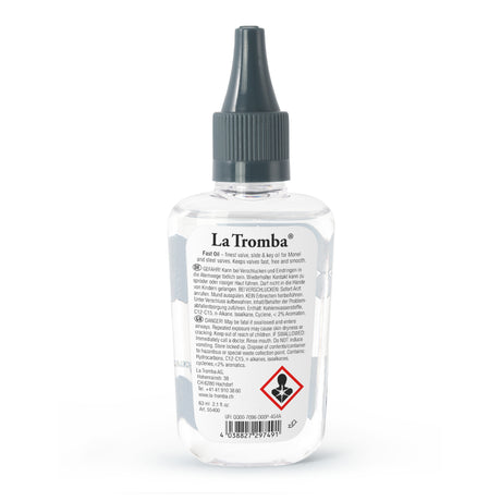 La Tromba Fast Oil Ventilöl, Rückseite der 63-ml-Flasche.