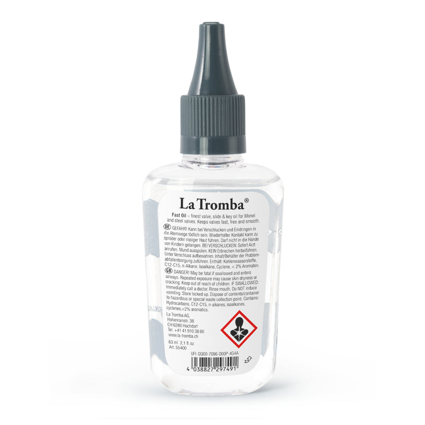 Huile pour pistons La Tromba Fast Oil, dos du flacon de 63 ml.