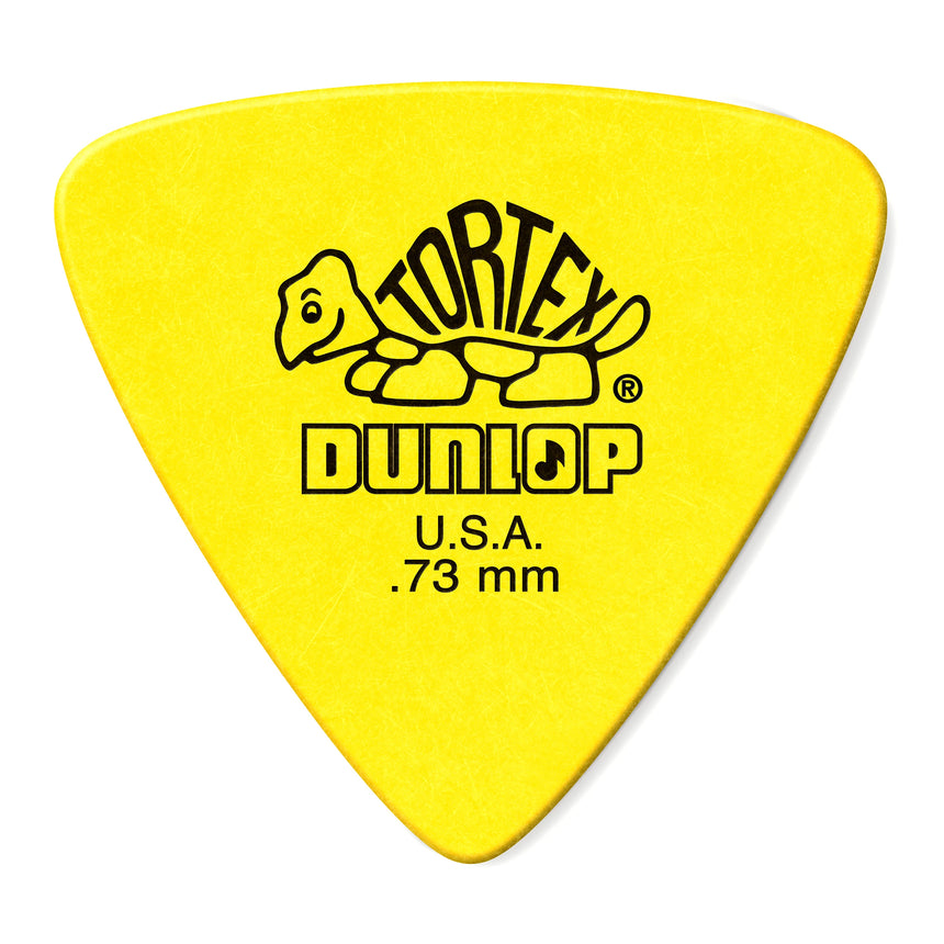 Face avant d’un médiator jaune Dunlop Tortex Triangle de 0,73 mm du Player’s Pack