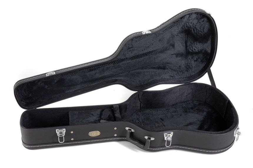 Étui GEWA Flat Top Economy pour guitare acoustique 523.110, noir – étui ouvert avec support et intérieur