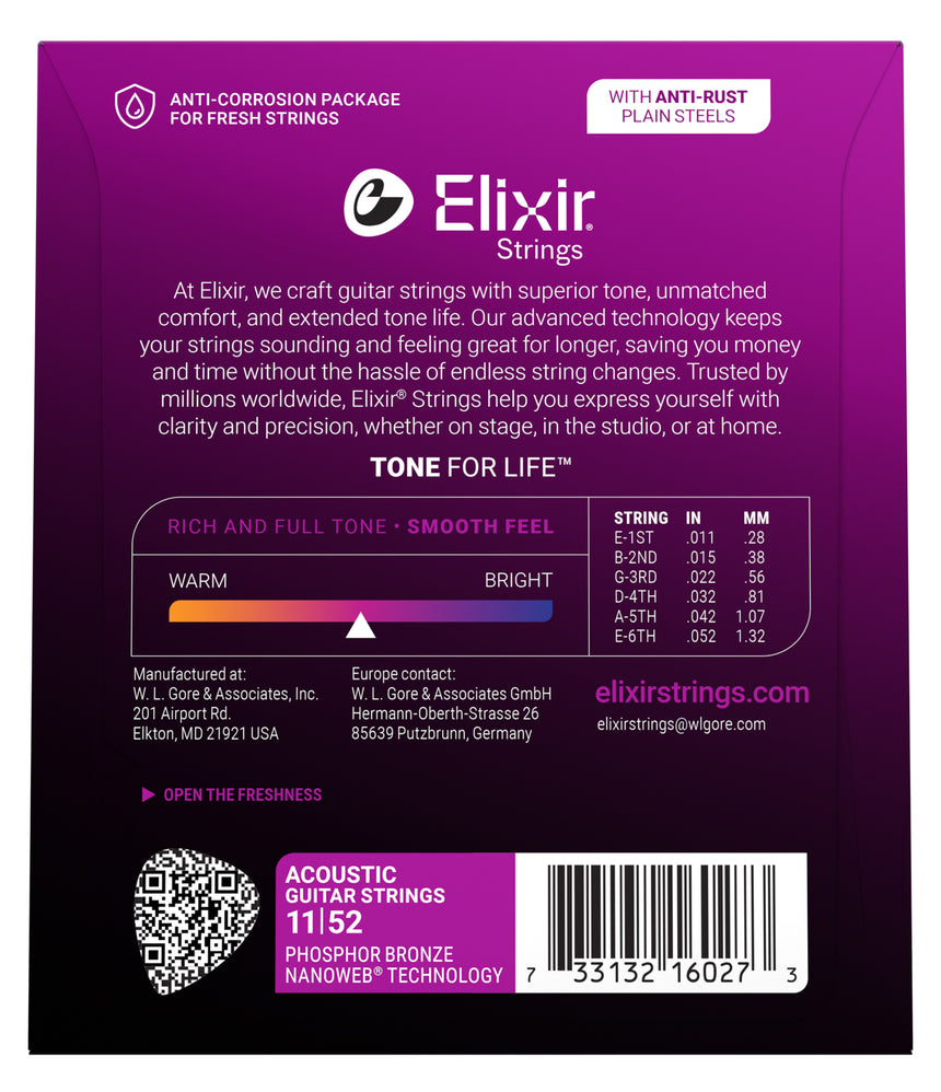 Elixir 16027 NANOWEB Phosphor Bronze 11/52 Custom Light – back of package with gauges and product number
