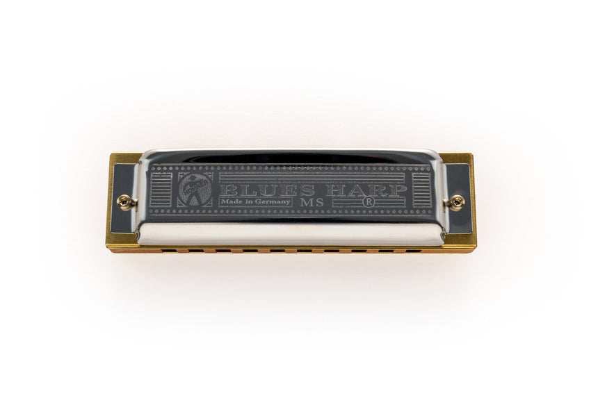 Hohner Blues Harp MS, braune Holzkanzelle und Metalldeckel – Gegenansicht von oben