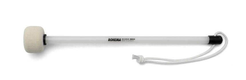 Rohema BM850 Paradetrommel-Schlägel 61850 mit hartem weißem Filzkopf und Kunststoffstiel, seitliche Ansicht.