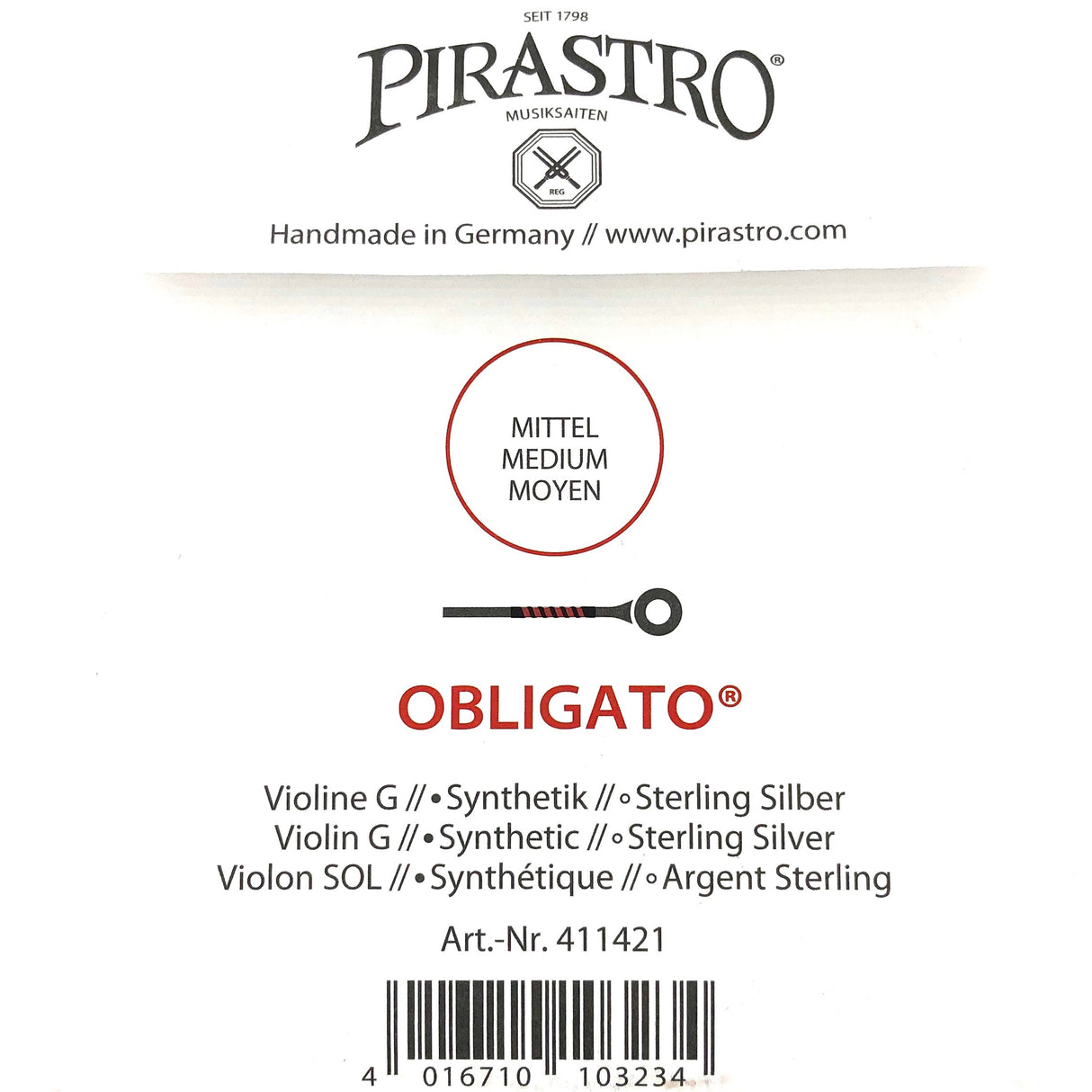 Pirastro Obligato Violin Einzelsaite G mit Kugel 4/4 - Musik-Ebert Gmbh