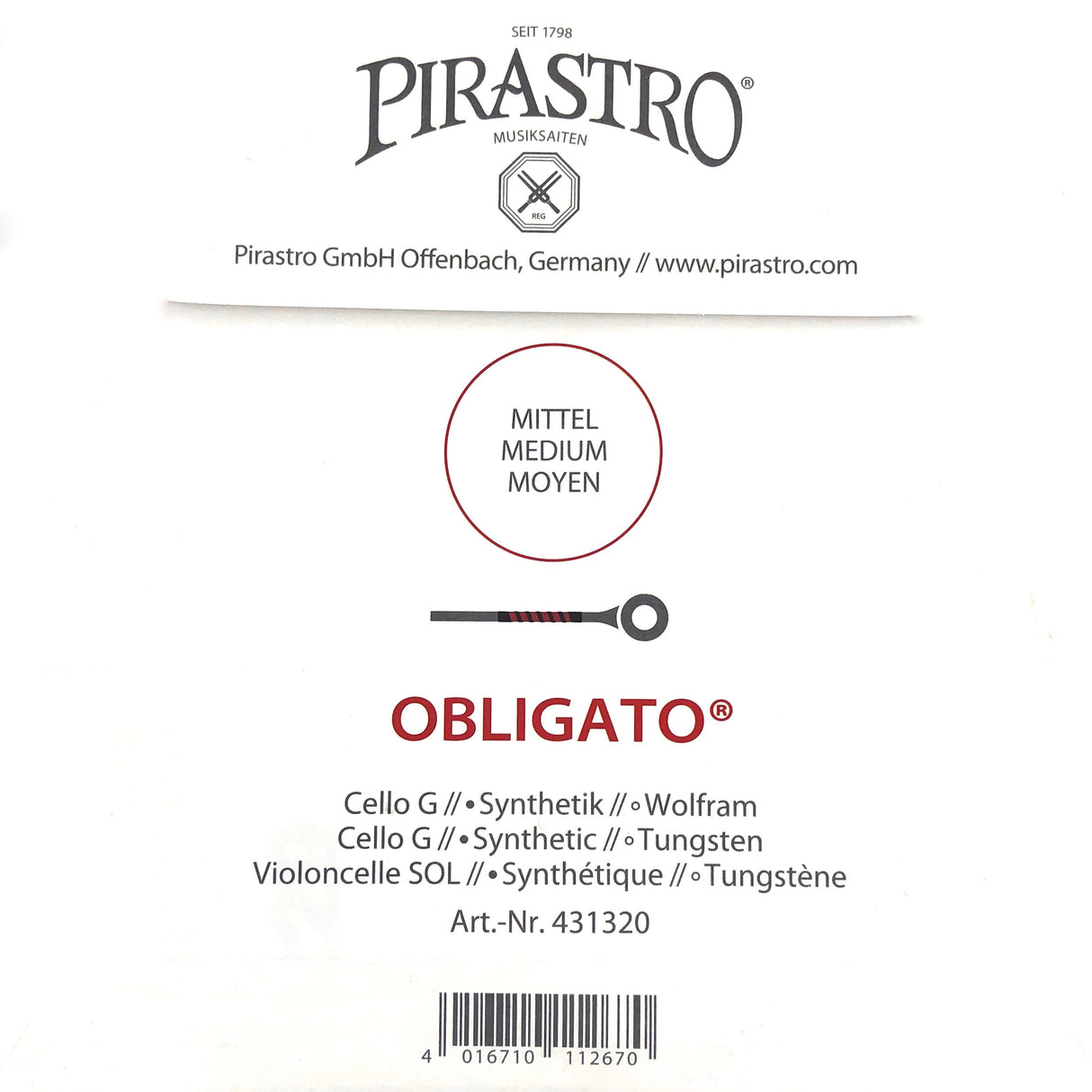 Pirastro Obligato Cello Einzelsaite G mit Kugel Medium 4/4 - Musik-Ebert Gmbh