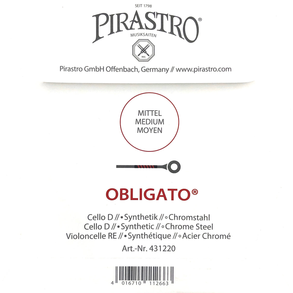 Pirastro Obligato Cello Einzelsaite D mit Kugel Medium 4/4 - Musik-Ebert Gmbh
